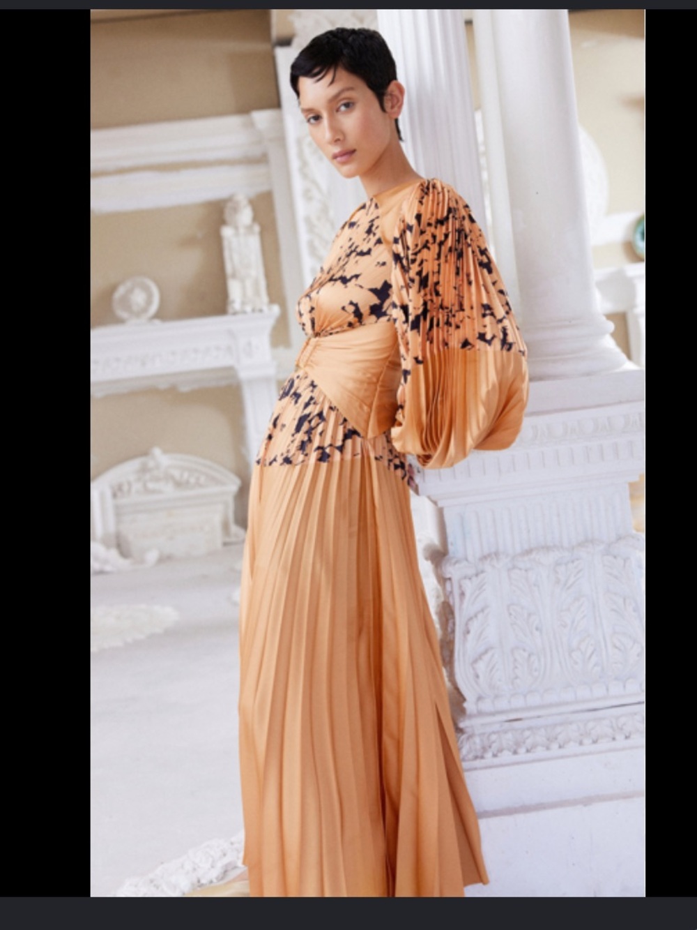 Acler Fernlea Golden Pleated Satin Maxi Dress with Black Embellishment